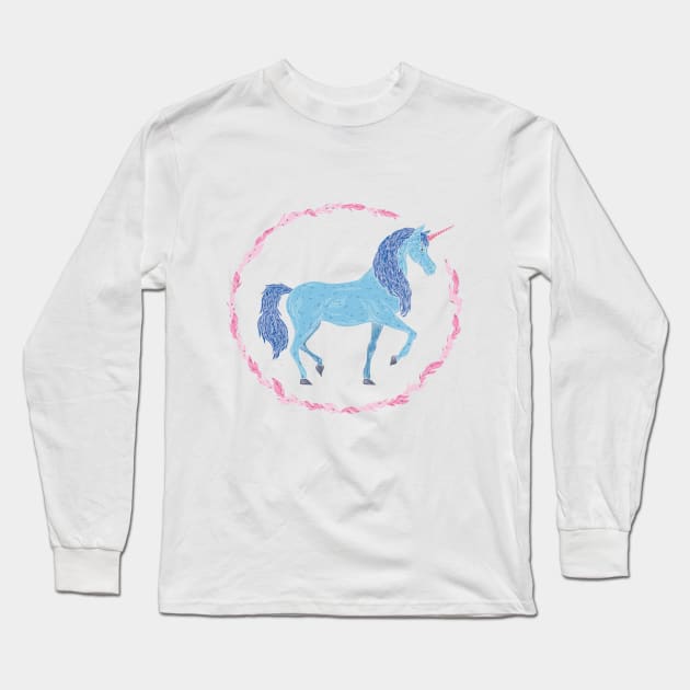 Blue unicorn in a pink floral wreath Long Sleeve T-Shirt by PinataFoundry